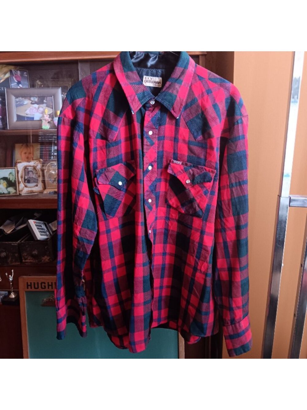 Vintage XL Cowboy Western Shirt Ely Cattleman Mens Red/Blue Wool Blend Plaid 90s